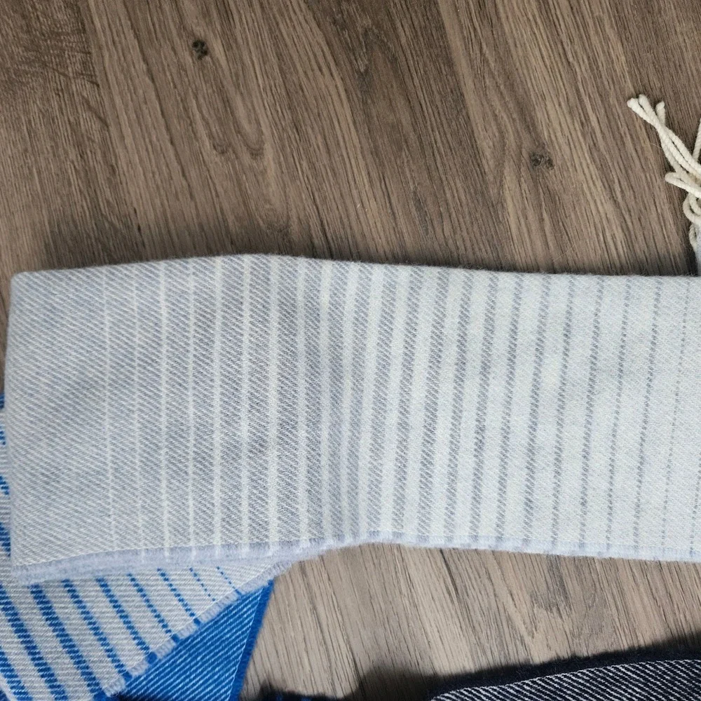 Aran Islands Knitwear Scarf‎ Blue Grey Striped Wool Blend Made in Ireland Fringe